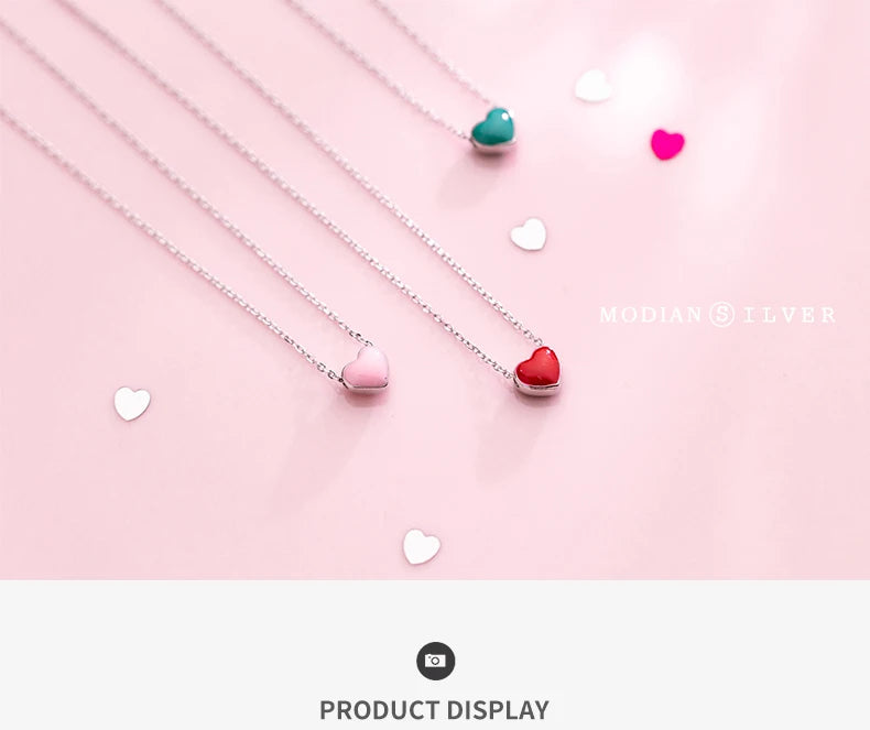 Modian Real 925 Sterling Silver Red Pink Green Enamel Hearts Pendant Necklace for Women Statement Fine Silver Jewelry Collar