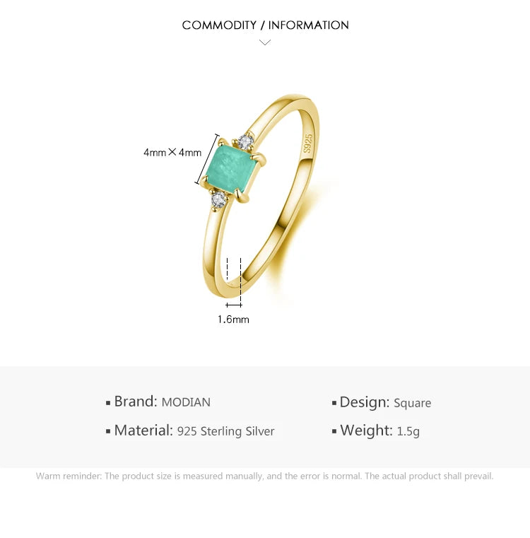 Modian New 925 Sterling Silver Fashion Emerald cut Tourmaline Finger Rings For Women Elegant Simple Paraiba Silver Fine Jewelry