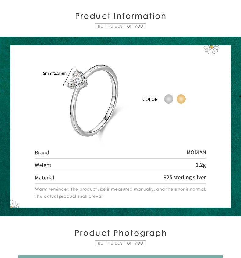 Modian Authentic 925 Sterling Silver Simple Love Heart AAAAA Zirconia Sparkling Finger Ring For Women Female Wedding Jewelry