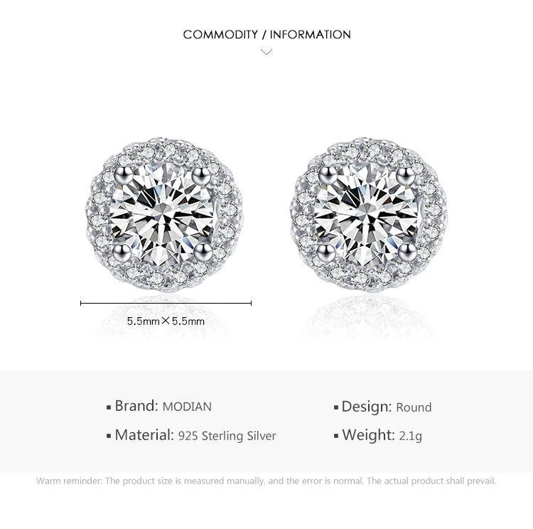 Modian Real 925 Sterling Silver Luxury Simple Cubic Zirconia Stud Earrings for Women Round CZ Wedding Statement Jewelry Gifts