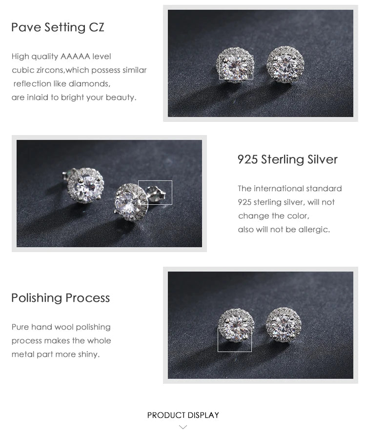 Modian Real 925 Sterling Silver Luxury Simple Cubic Zirconia Stud Earrings for Women Round CZ Wedding Statement Jewelry Gifts