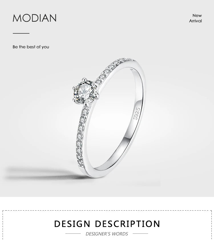 Modian Solid 925 Sterling Silver Simple Round Clear CZ Finger Rings For Women & Girls Cassic Wedding Statement Fine Jewelry Gift