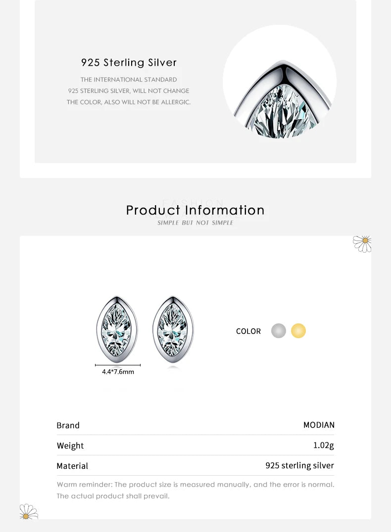 Modian Real 925 Sterling Silver Golden Rhombus Luxury CZ Gold Stud Earrings for Women Anniversary Gift Fine Ear bone Jewelry