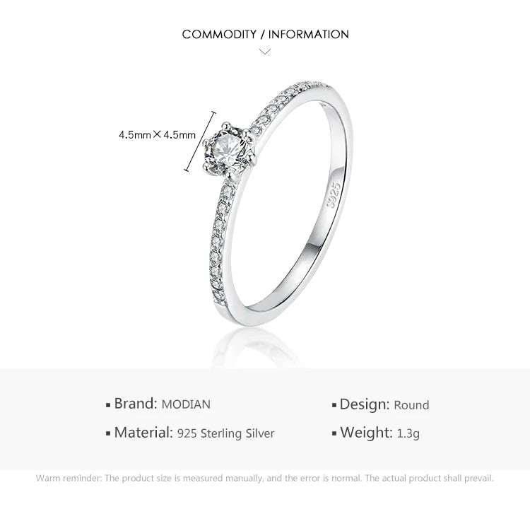 Modian Solid 925 Sterling Silver Simple Round Clear CZ Finger Rings For Women & Girls Cassic Wedding Statement Fine Jewelry Gift