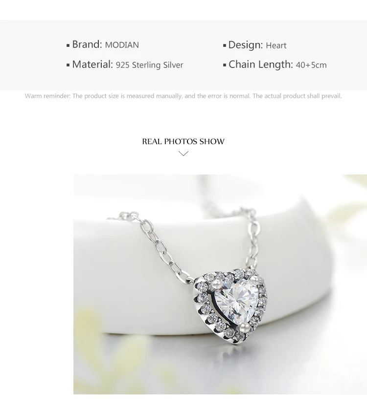 Modian Real 925 Sterling Silver Clear CZ Heart Pendant Necklace for Women Chain Fashion Wedding Statement Jewelry Accessories