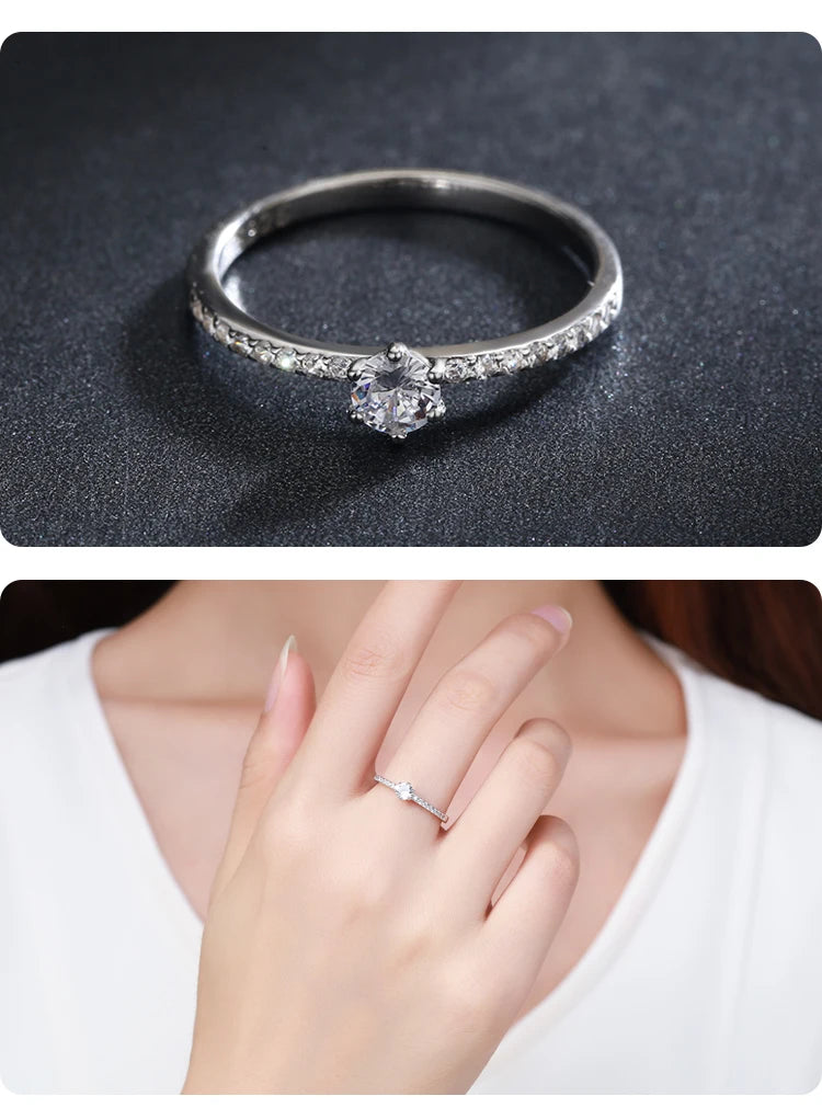 Modian Solid 925 Sterling Silver Simple Round Clear CZ Finger Rings For Women & Girls Cassic Wedding Statement Fine Jewelry Gift