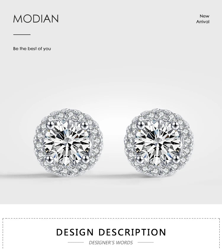 Modian Real 925 Sterling Silver Luxury Simple Cubic Zirconia Stud Earrings for Women Round CZ Wedding Statement Jewelry Gifts