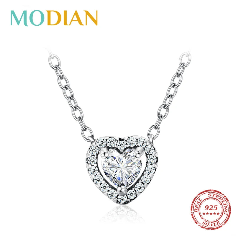 Modian Real 925 Sterling Silver Clear CZ Heart Pendant Necklace for Women Chain Fashion Wedding Statement Jewelry Accessories