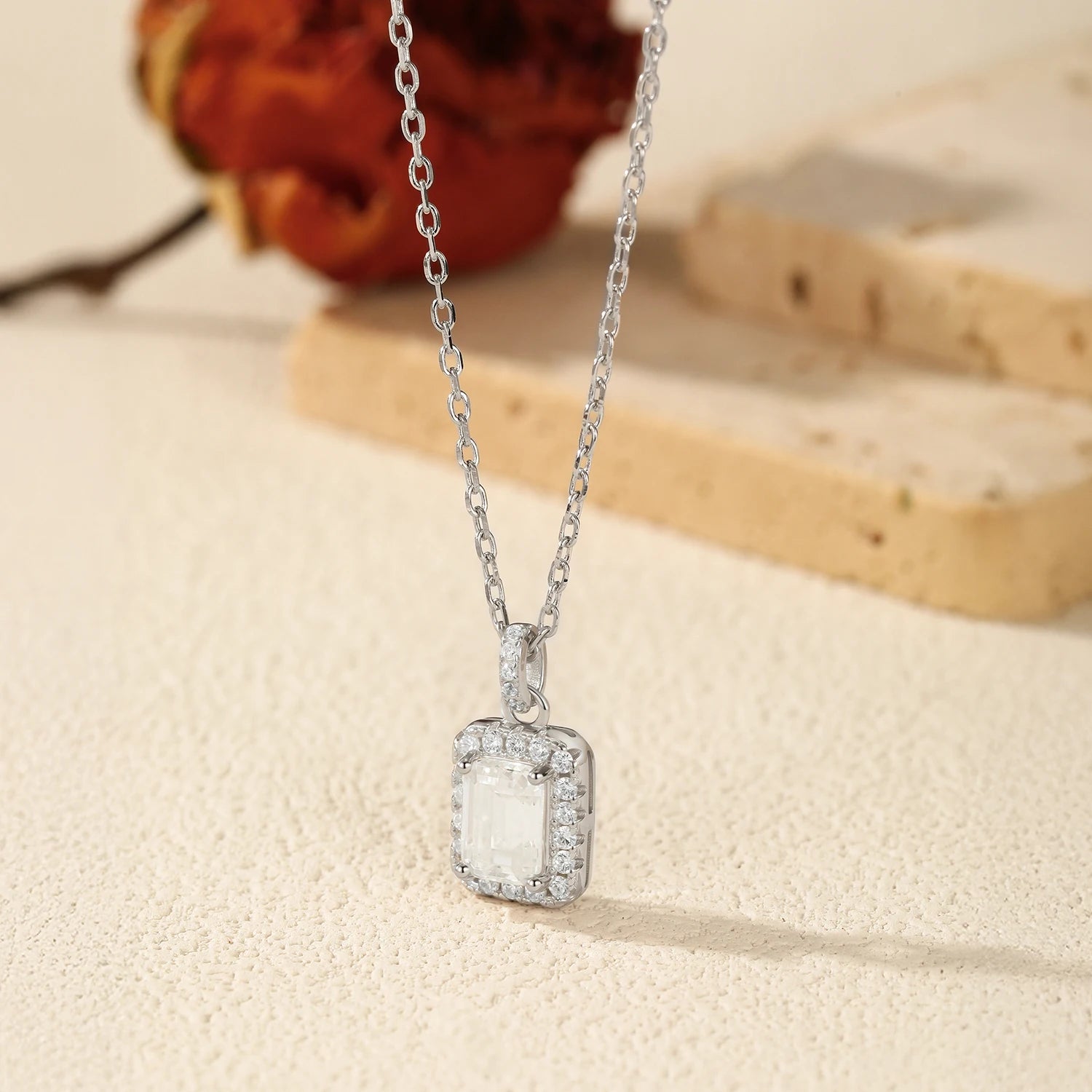 MODIAN 1CT D Color Emerald Cut Moissanite Halo Necklace 925 Sterling Silver Rectangle Wedding Pendant Necklace For Women Jewelry