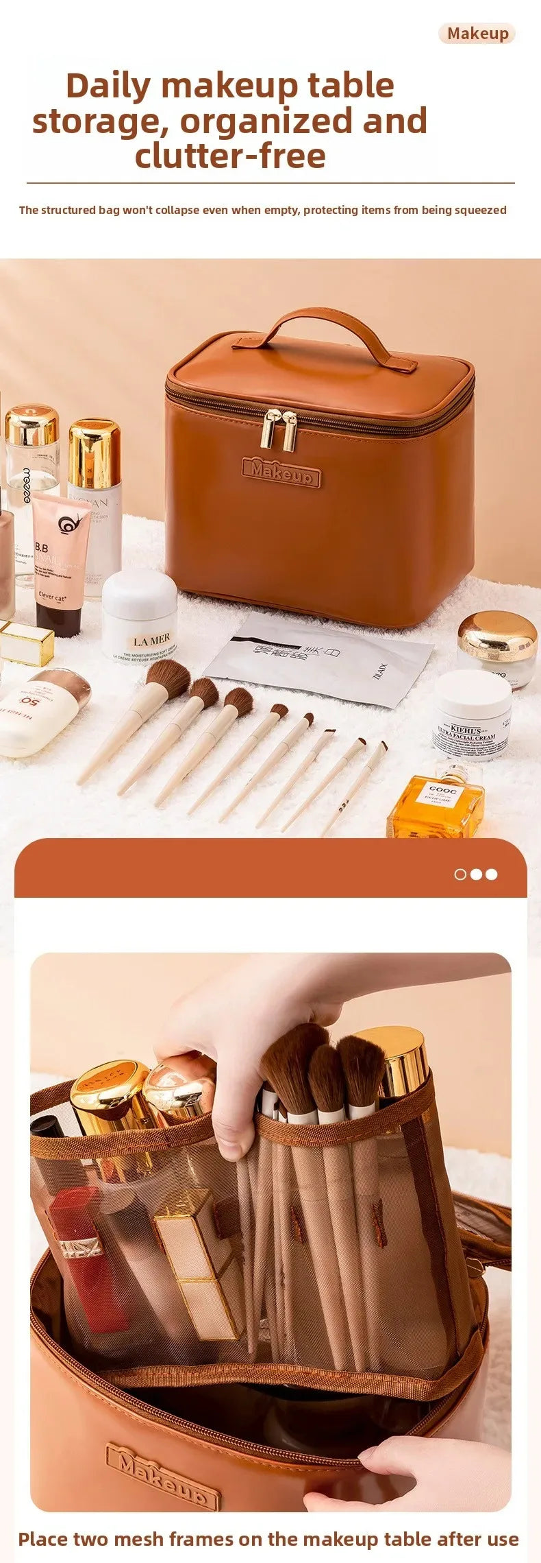 Large Capacity Waterproof Multifunctional Travel Cosmetic Bag Portable Makeup Storage Box PU Material Round Cylinder Shape