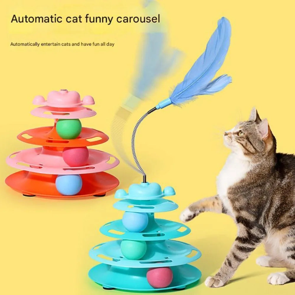 4-Layer 1pcs  Feather Cat Turntable With Fun Toy Ball And Playing Stick - Interactive Toy For Cats