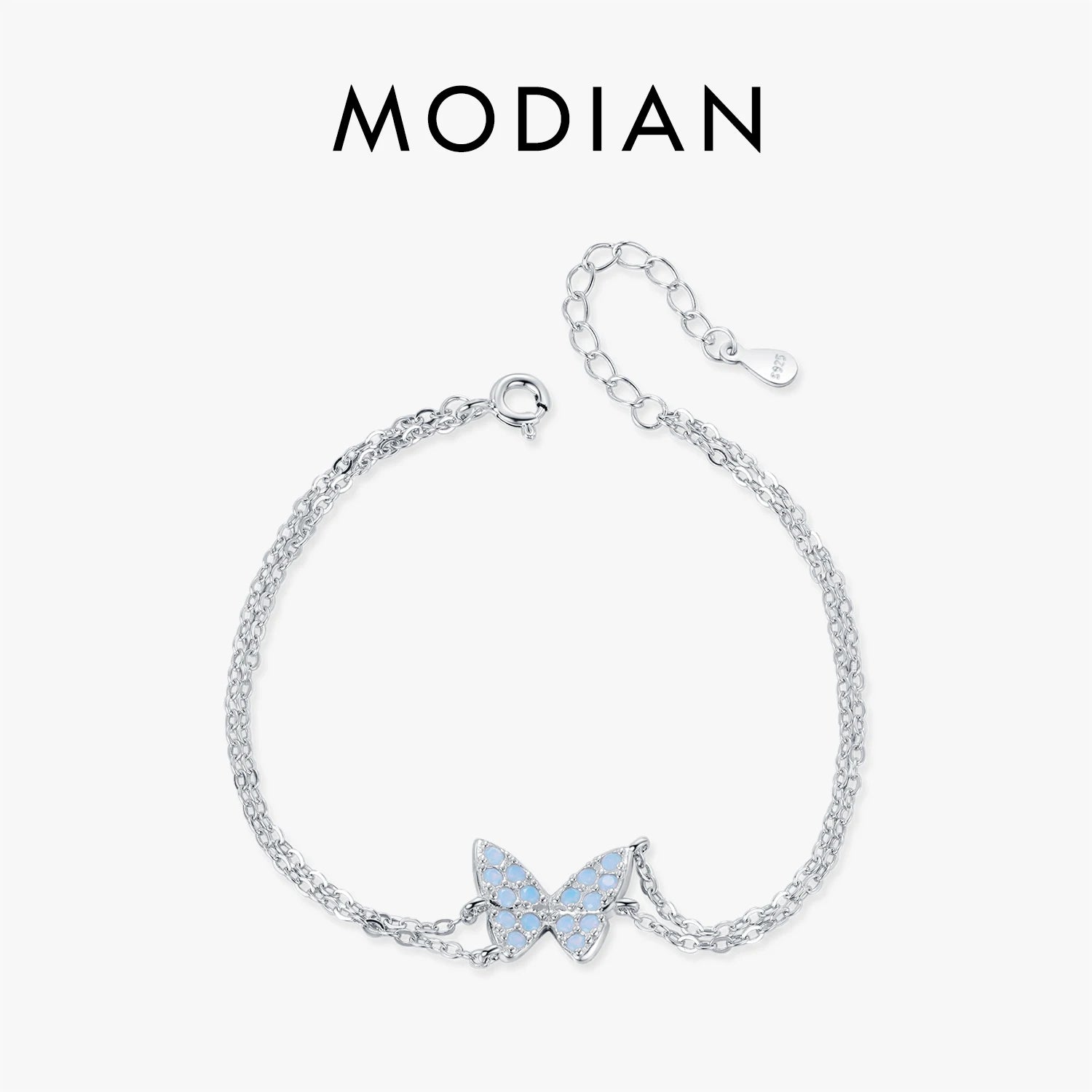 MODIAN Sweet Blue Opal Butterfly Bracelet 925 Sterling Silver Fashion Double Layer Link Chain Bracelets For Women Fine Jewelry