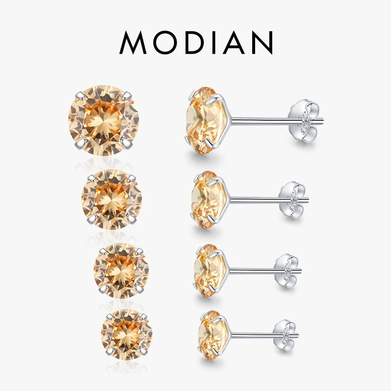 Modian Champagne Zirconia Stud Earrings 925 Sterling Silver Round CZ Hypoallergenic 4MM 5MM 6MM 7MM Earrings For Women Jewelry