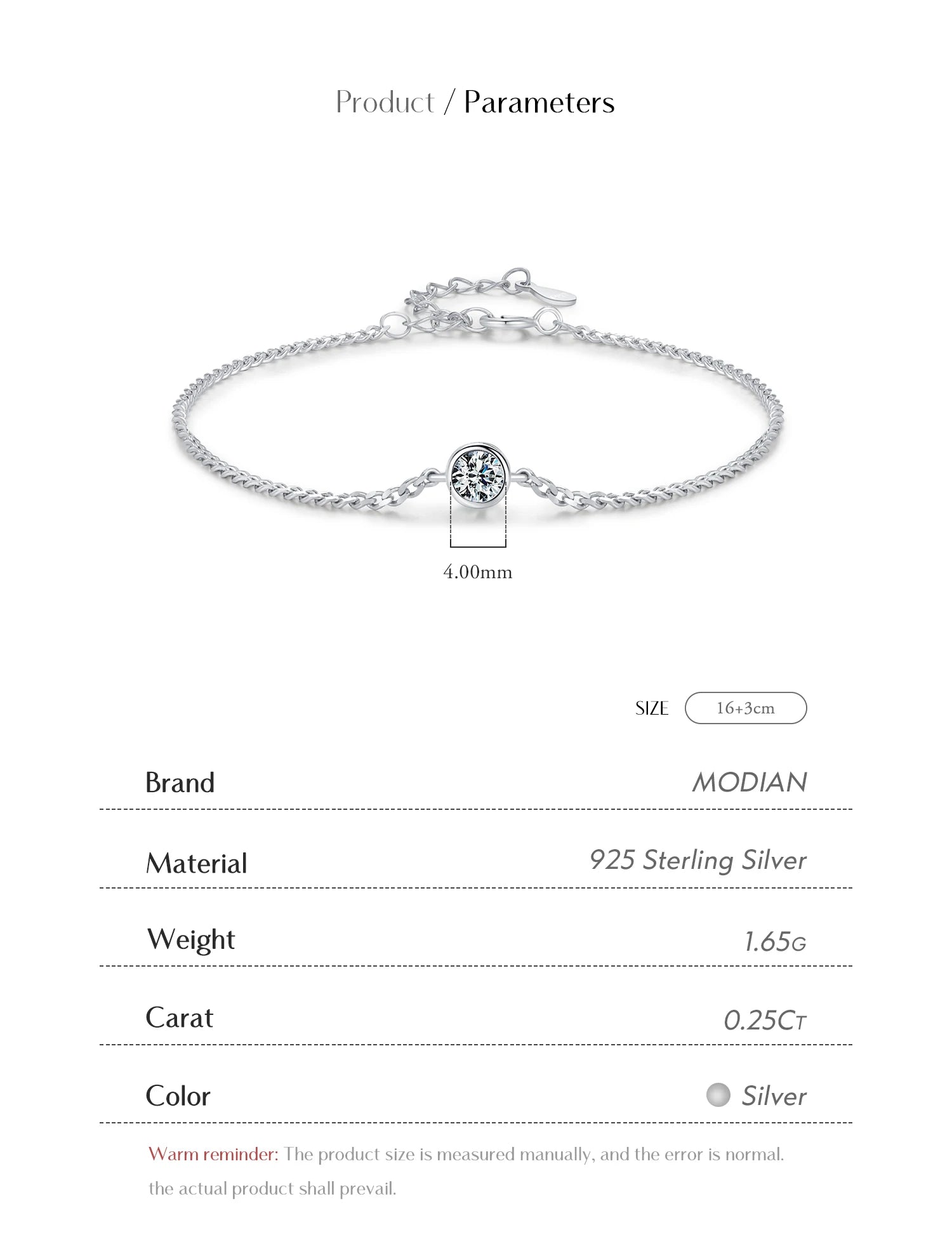 MODIAN 0.25CT Moissanite Bezel Setting Bracelet For Women Diamond 925 Sterling Silver Elegant Chain Bracelet Wedding Jewelry