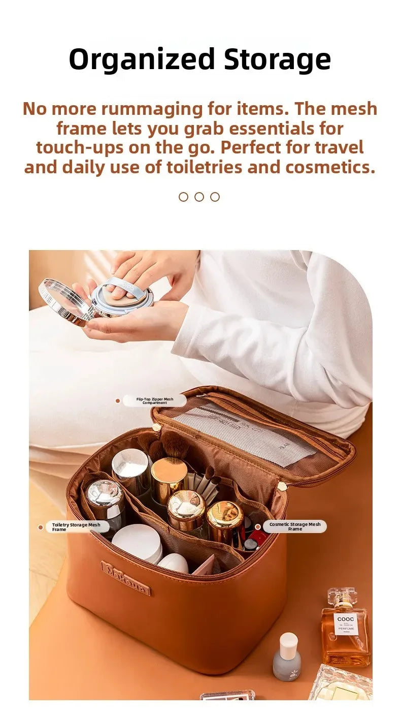 Large Capacity Waterproof Multifunctional Travel Cosmetic Bag Portable Makeup Storage Box PU Material Round Cylinder Shape