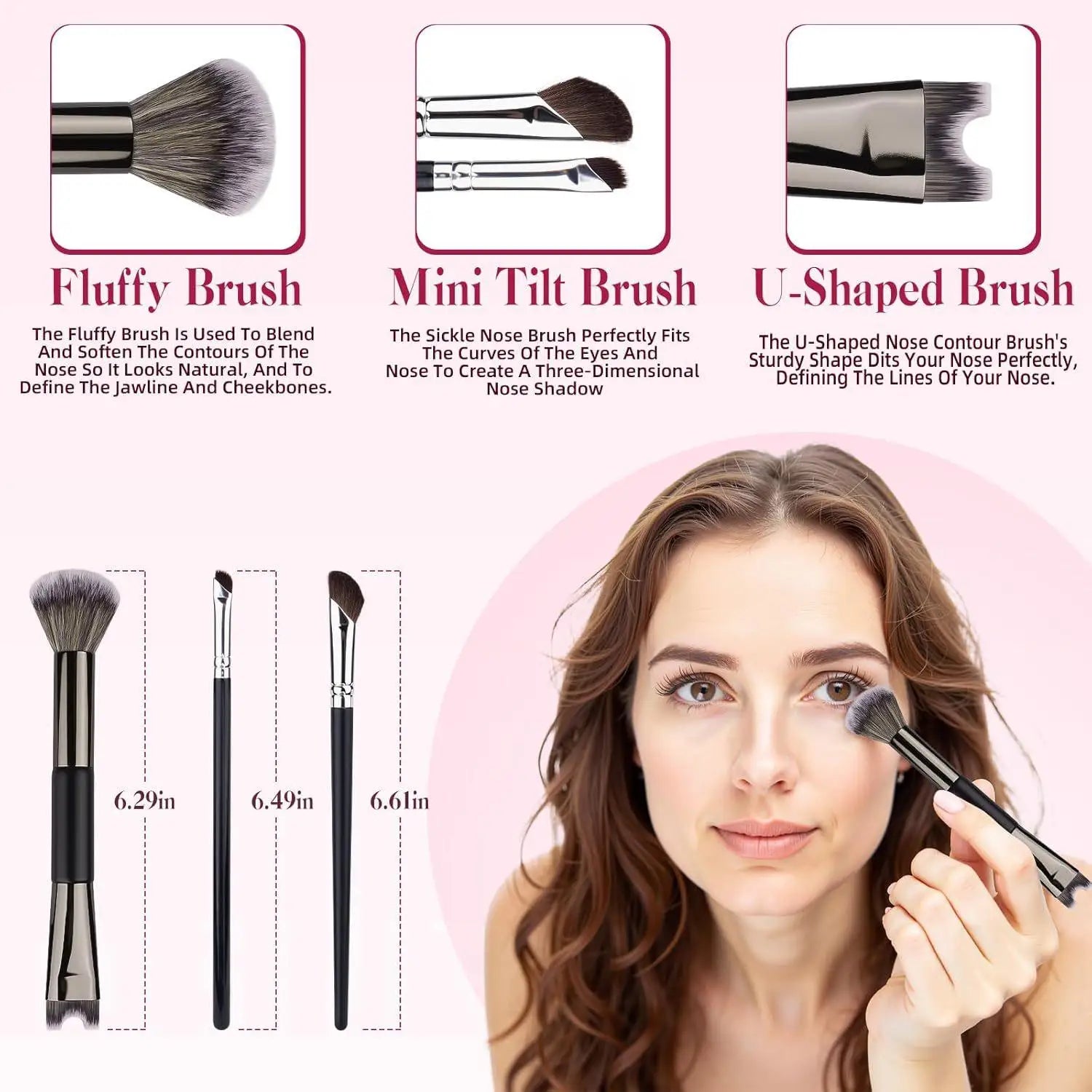 3pcs Makeup Brush Set 2 in 1 U-Shaped Cosmetic Brush Dual Ends Nose Contouring Mini Tilt Nose Shadow Brushes Cosmetics Tools
