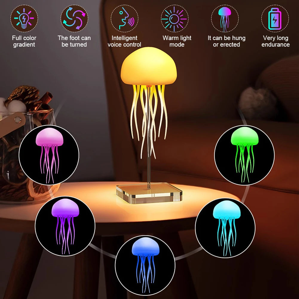 Gradient Voice Control Jellyfish Night Light RGB Cute Jellyfish Bedside Lamp Type-C Charging LED Night Lamp