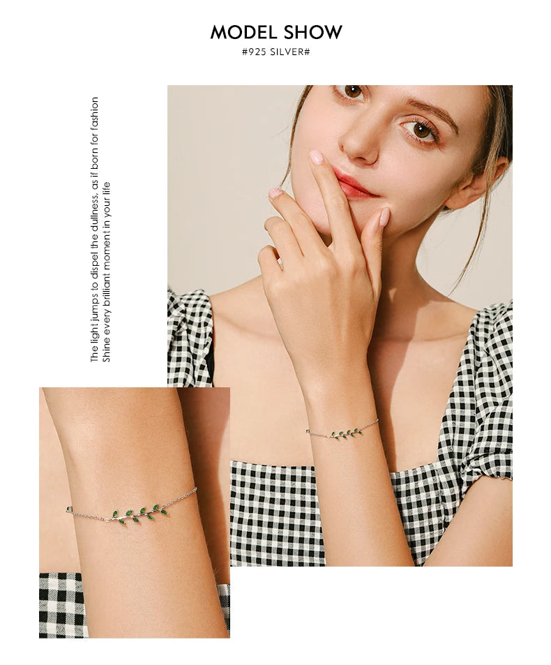 MODIAN 925 Sterling Silver Green Leaf Zirconia Adjustable Link Chain Bracelet For Women Fashion Wedding Jewelry Accessories