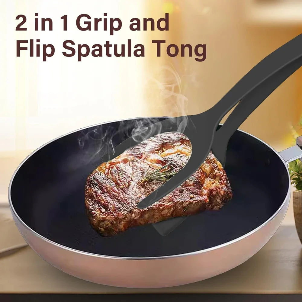 New 2 in 1 Grip Flip Spatula Tongs Egg Flipper Spatula Nylon Non Stick Coating Pancake Fish French Toast Omelet Making Tool