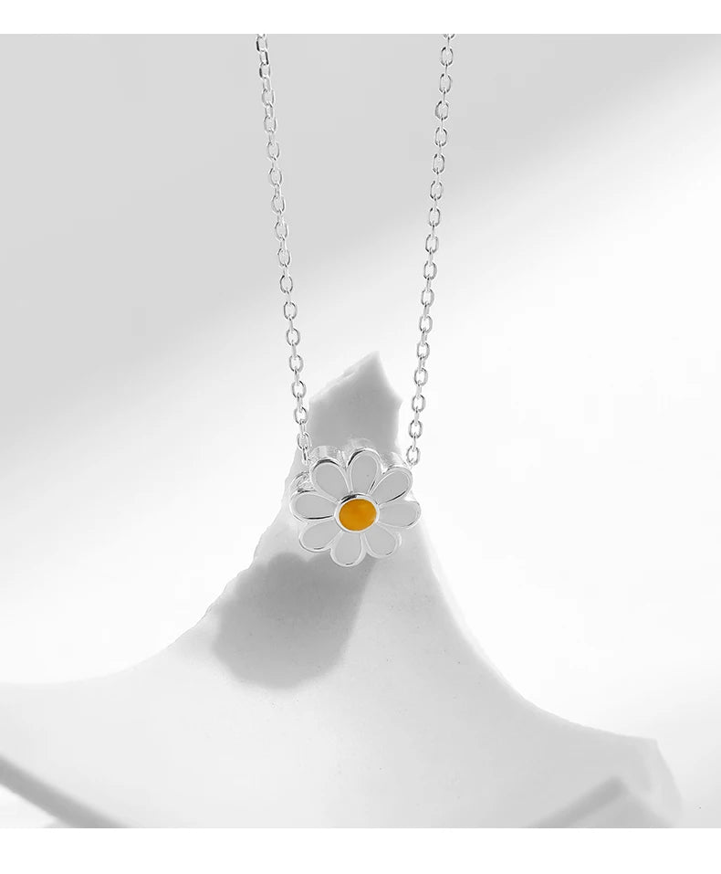MODIAN 925 Sterling Silver White Enamel Flower Pendant Necklace Charm Daisy Neck Link Chain For Women Hypoallergenic Jewelry