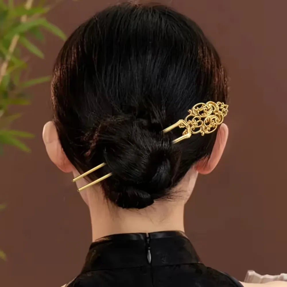 Chinese Ancient Style Straight Hairpin Twist Hairpins Versatile Electroplating U-shape Hairpin Creative Hollow Hair Accessories