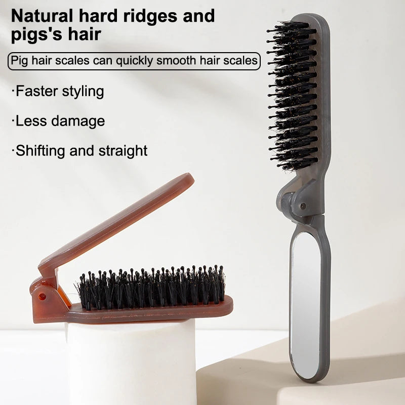 1Pc Boar Bristle Massage Hair Comb Anti Static with Makeup Mirror Folding Comb High Skull Integrated Styling Combs Supplies
