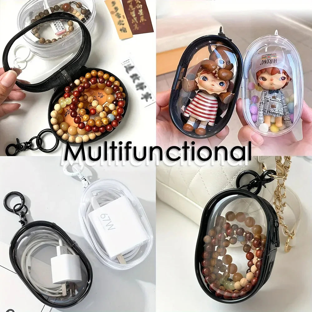 Portable Mini Transparent Storage Bag with Zipper Multifunctional Headphone and Charger Case Travel Accessories with Keychain