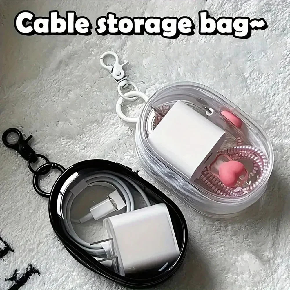Portable Mini Transparent Storage Bag with Zipper Multifunctional Headphone and Charger Case Travel Accessories with Keychain