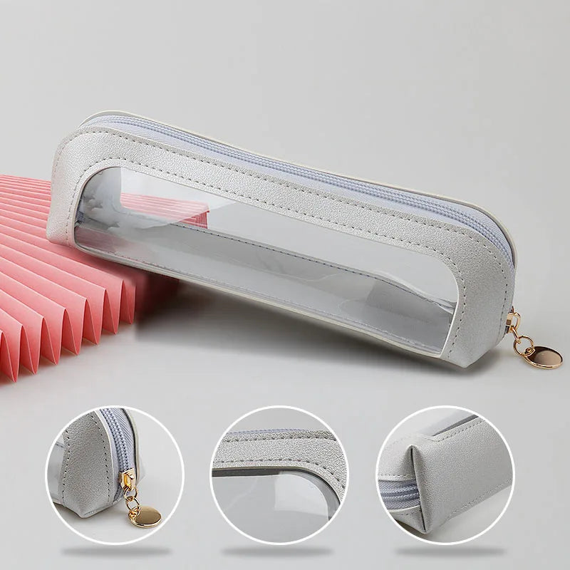 Clear Makeup Bag, PU Leather Travel Makeup Brush Case Portable Transparent Waterproof Cosmetic Organizer Pouch with Zipper