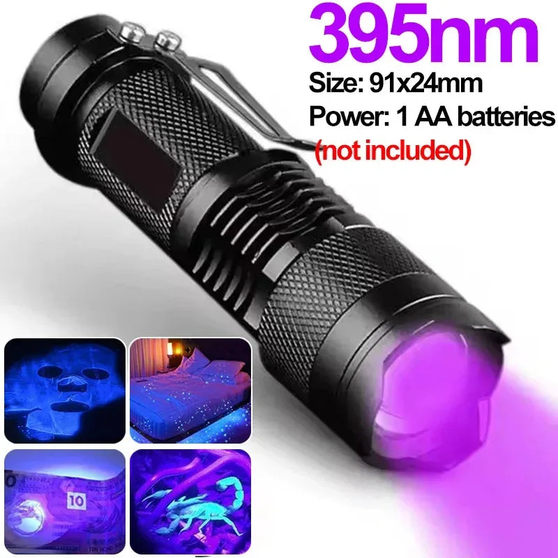 Mini LED UV Flashlight Zoomable 365nm 395nm Ultraviolet Lamp Portable Pocket Torch Money Scorpion Pet Urine Stain Detector Tools