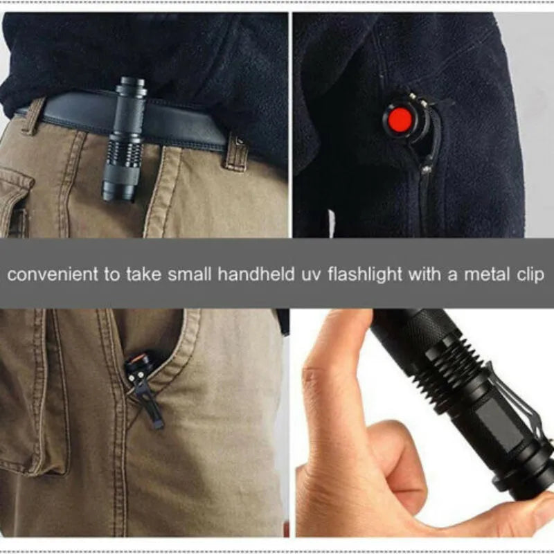 Mini LED UV Flashlight Zoomable 365nm 395nm Ultraviolet Lamp Portable Pocket Torch Money Scorpion Pet Urine Stain Detector Tools