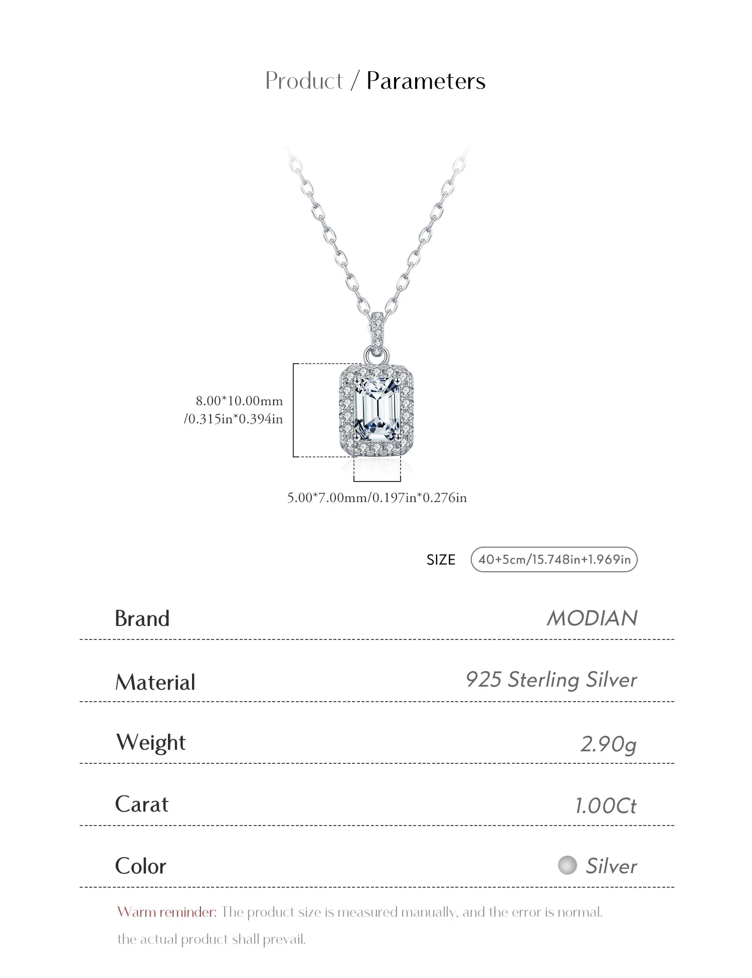 MODIAN 1CT D Color Emerald Cut Moissanite Halo Necklace 925 Sterling Silver Rectangle Wedding Pendant Necklace For Women Jewelry