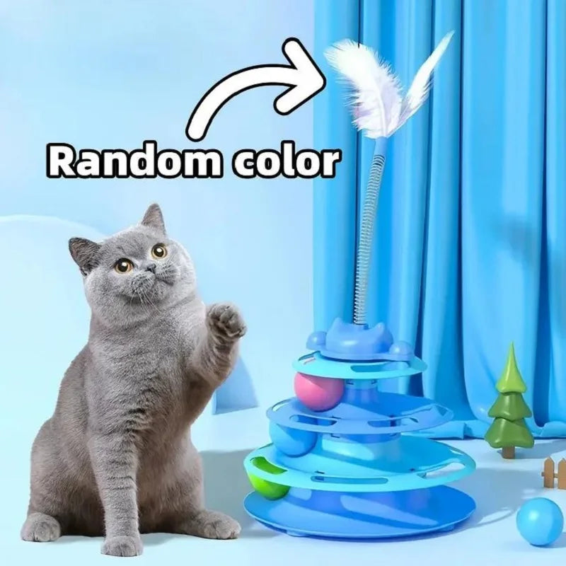 4-Layers Feather Cat Turntable with Fun Toy Ball and Playing Stick Interactive Cat Toy Tower Kitten Turntable Track Roller Balls