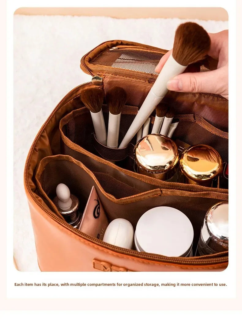 Large Capacity Waterproof Multifunctional Travel Cosmetic Bag Portable Makeup Storage Box PU Material Round Cylinder Shape