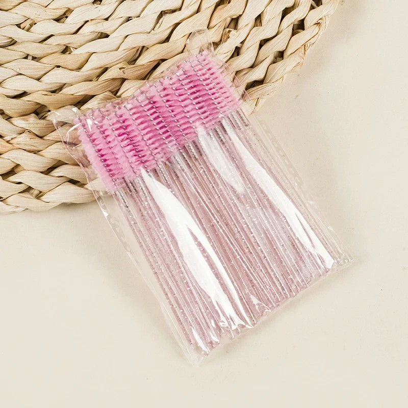 50Pcs Disposable Mascara Wands, Crystal Eyebrow Spoolies Brush for Eyelash Extensions Lash Brushes with Container Makeup Tools