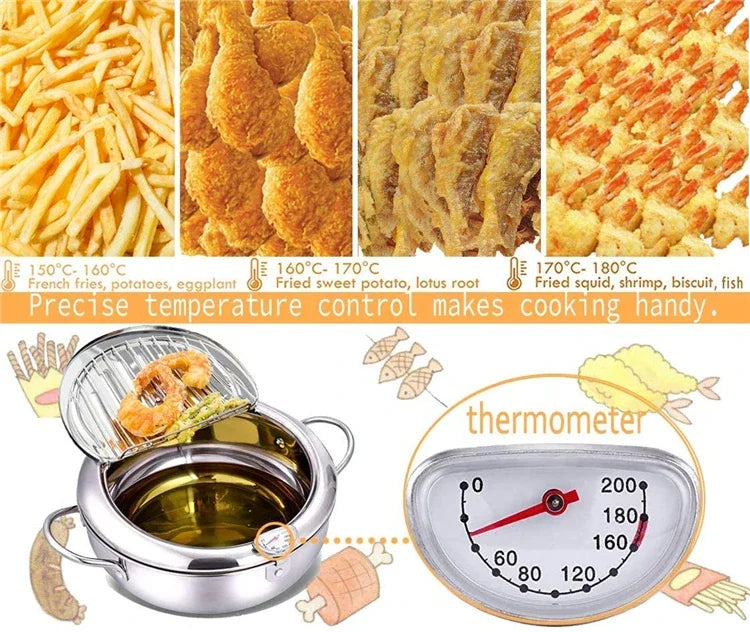 Japanese Deep Frying Pot with a Thermometer and a Lid 304 Stainless Steel Kitchen Tempura Fryer Pan
