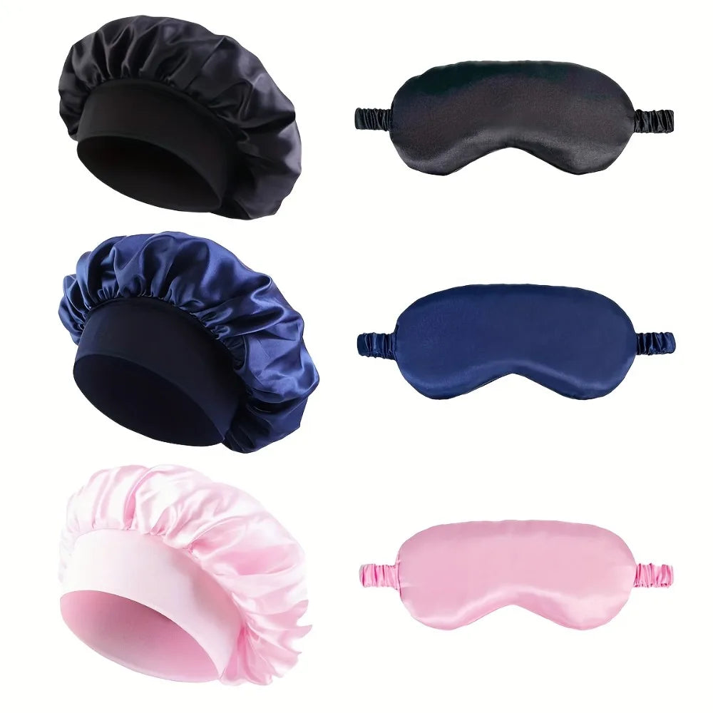 2PCS Satin Bonnet Sleep Cap Eye Mask Set Women Night Care Hair Wrap Sleeping Mask Silk Soft Comfortable Travel Rest Gift