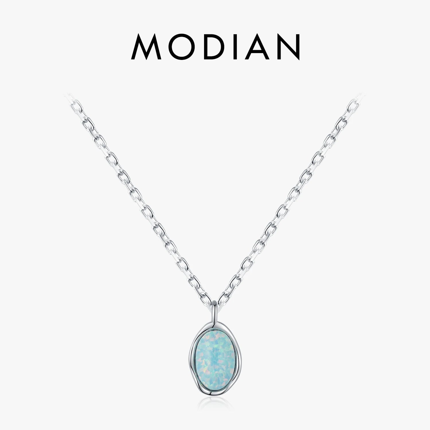MODIAN Link Chain Necklace 925 Sterling Silver Vintage Irregular Wave Metal Opal Pendant Necklace For Women Fine Jewelry