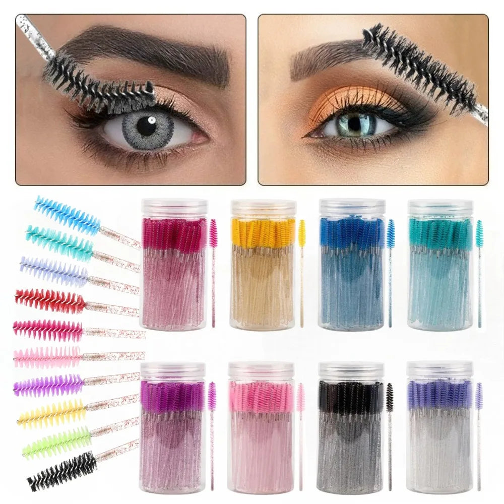 50Pcs Disposable Mascara Wands, Crystal Eyebrow Spoolies Brush for Eyelash Extensions Lash Brushes with Container Makeup Tools