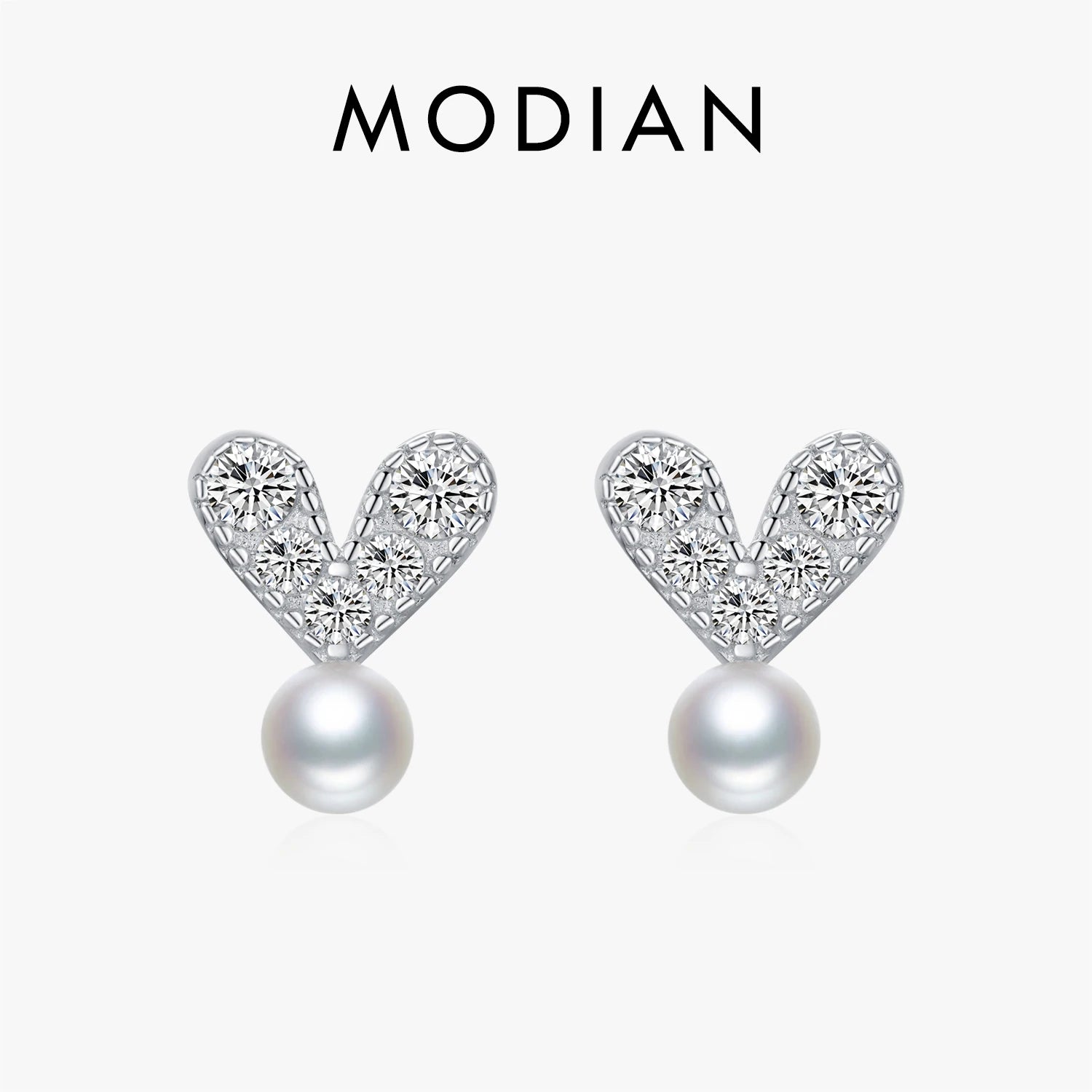 MODIAN 925 Sterling Silver Elegant Synthetic Pearl Earrings Dazzling Heart Clear CZ Stud Earrings For Women Fine Jewelry