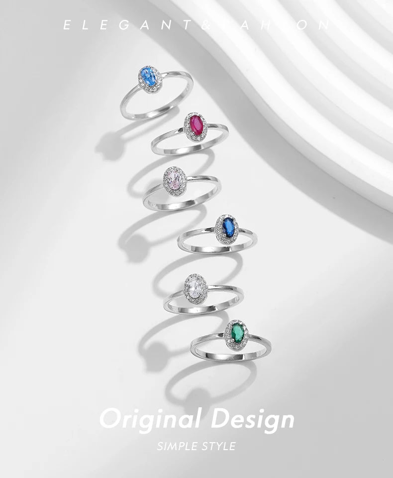 MODIAN Real 925 Sterling Silver Classic Elegant Oval Rainbow Colorful Zirconia Ring For Women Wedding Engagement Fine Jewelry