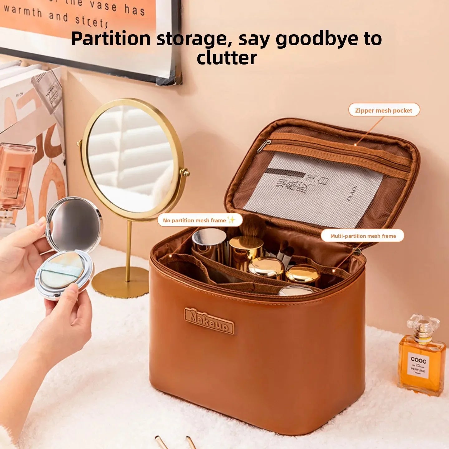 Large Capacity Waterproof Multifunctional Travel Cosmetic Bag Portable Makeup Storage Box PU Material Round Cylinder Shape