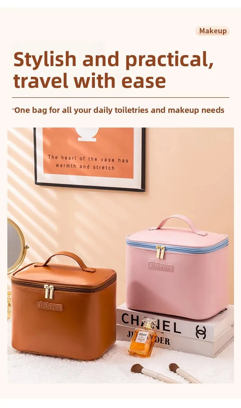 Large Capacity Waterproof Multifunctional Travel Cosmetic Bag Portable Makeup Storage Box PU Material Round Cylinder Shape
