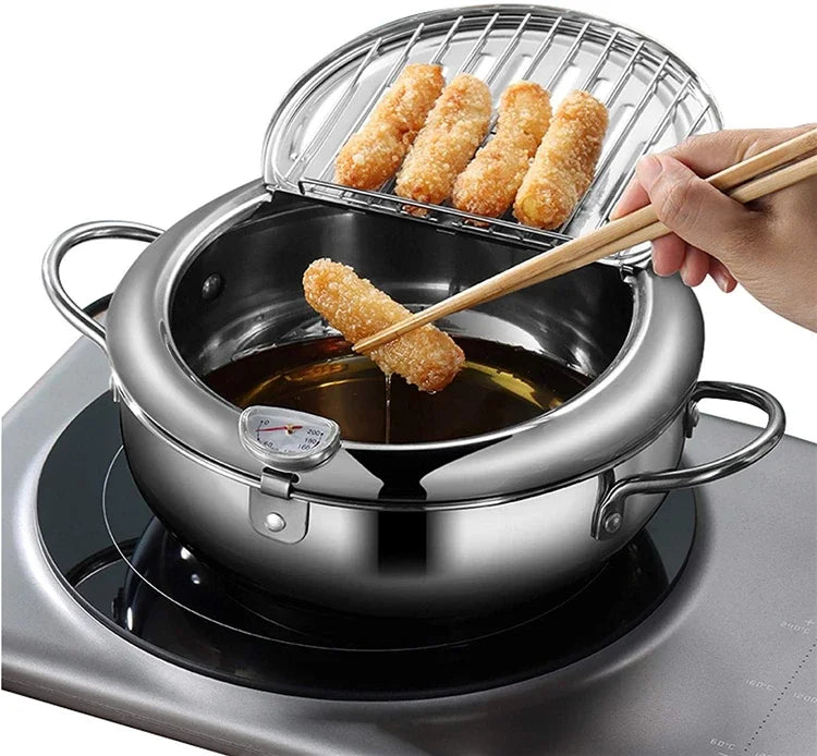 Japanese Deep Frying Pot with a Thermometer and a Lid 304 Stainless Steel Kitchen Tempura Fryer Pan