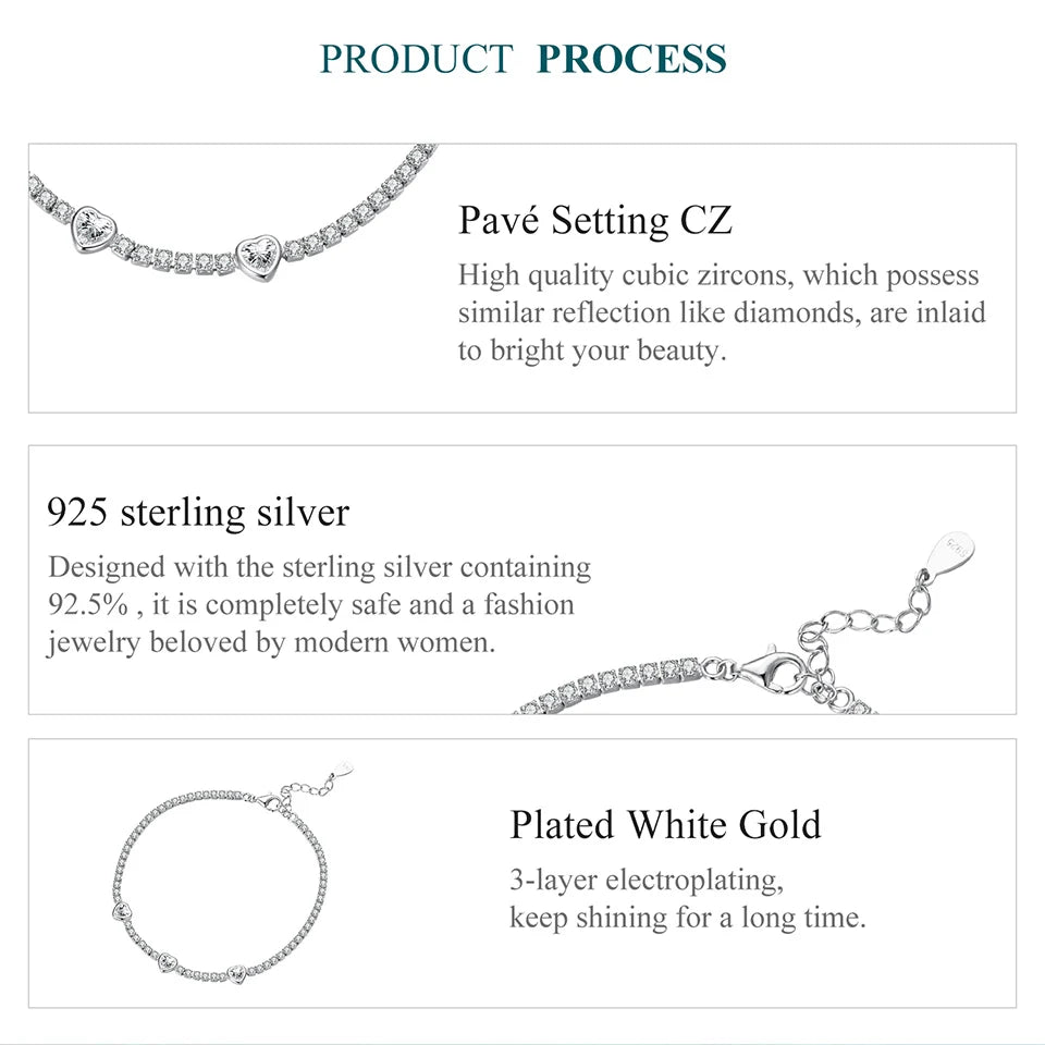 BAMOER 925 Sterling Silver Elegant Heart Bracelets for Women, Adjustable Chain Tennis Bracelet Jewelry Gifts