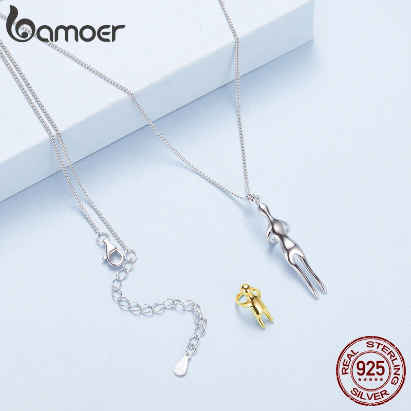 BAMOER 925 Sterling Silver Two-tones Hug Necklace, Detachable Mother and Child Pendant for Family Special DIY Love Jewelry