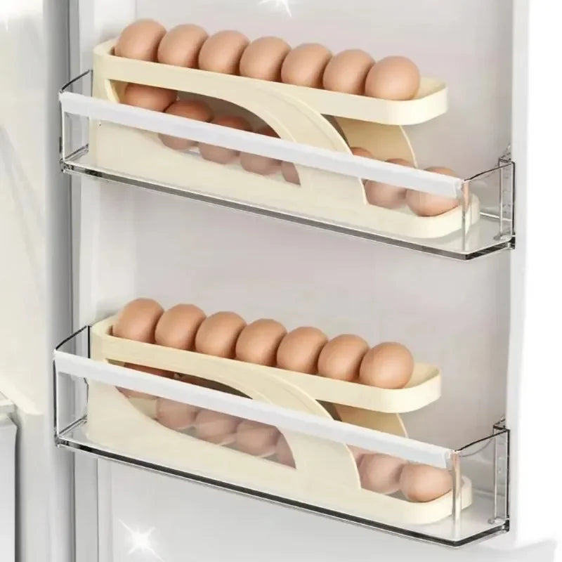 Egg Holder Dispenser for Refrigerator New Automatic Rolling Double-layer Egg Dispenser Holds 15 Eggs Space-Saving Egg Storage