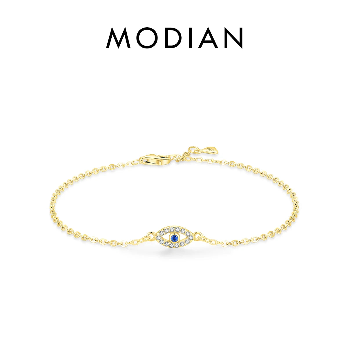 MODIAN 925 Sterling Silver Delicate Lucky Blue Eye Adjustable Bracelet Simple Chain Link For Women Pave Setting CZ Fine Jewelry