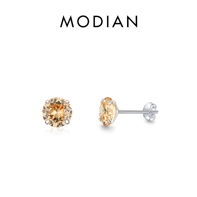 Modian Champagne Zirconia Stud Earrings 925 Sterling Silver Round CZ Hypoallergenic 4MM 5MM 6MM 7MM Earrings For Women Jewelry