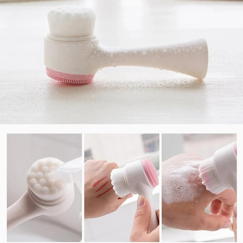 QIWU 3D Double Silicone Facial Cleansing Brush Manual Massage Facial Brush Soft Bristles Exfoliator Double Sided Face Wash Brush